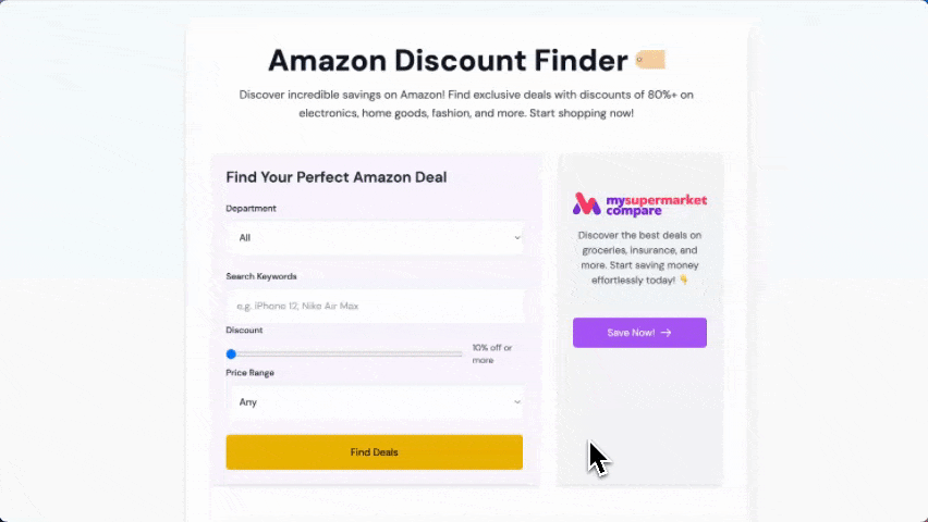 Screen recording of AmazonFinder.deals website